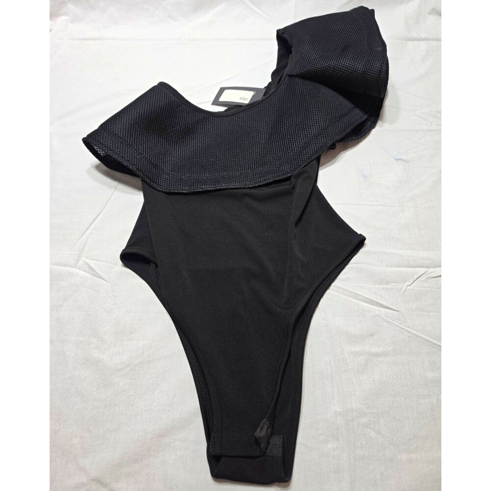 AE Black Ruffle Accent Women’s Solid Bodysuit One Piece, Size M Regular, 1 Pack